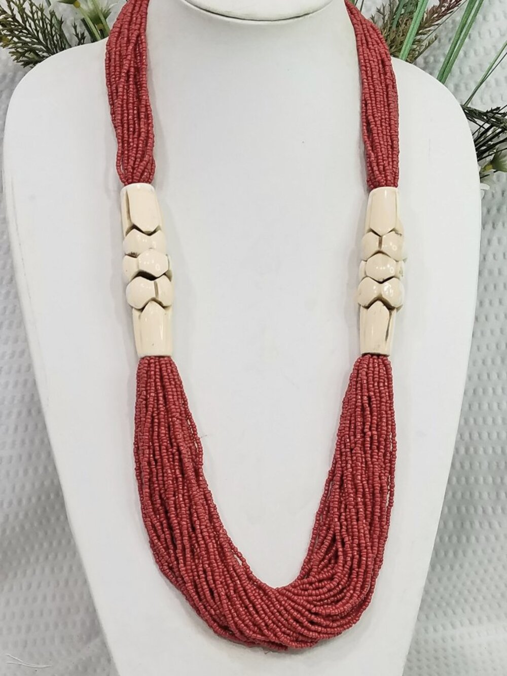 Boho Multi Strand Red Seed Bead Necklace & Natural Horn Accent Statement Jewelry